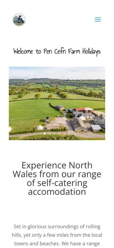 The Pen Cefn Farm Holidays homepage on a phone